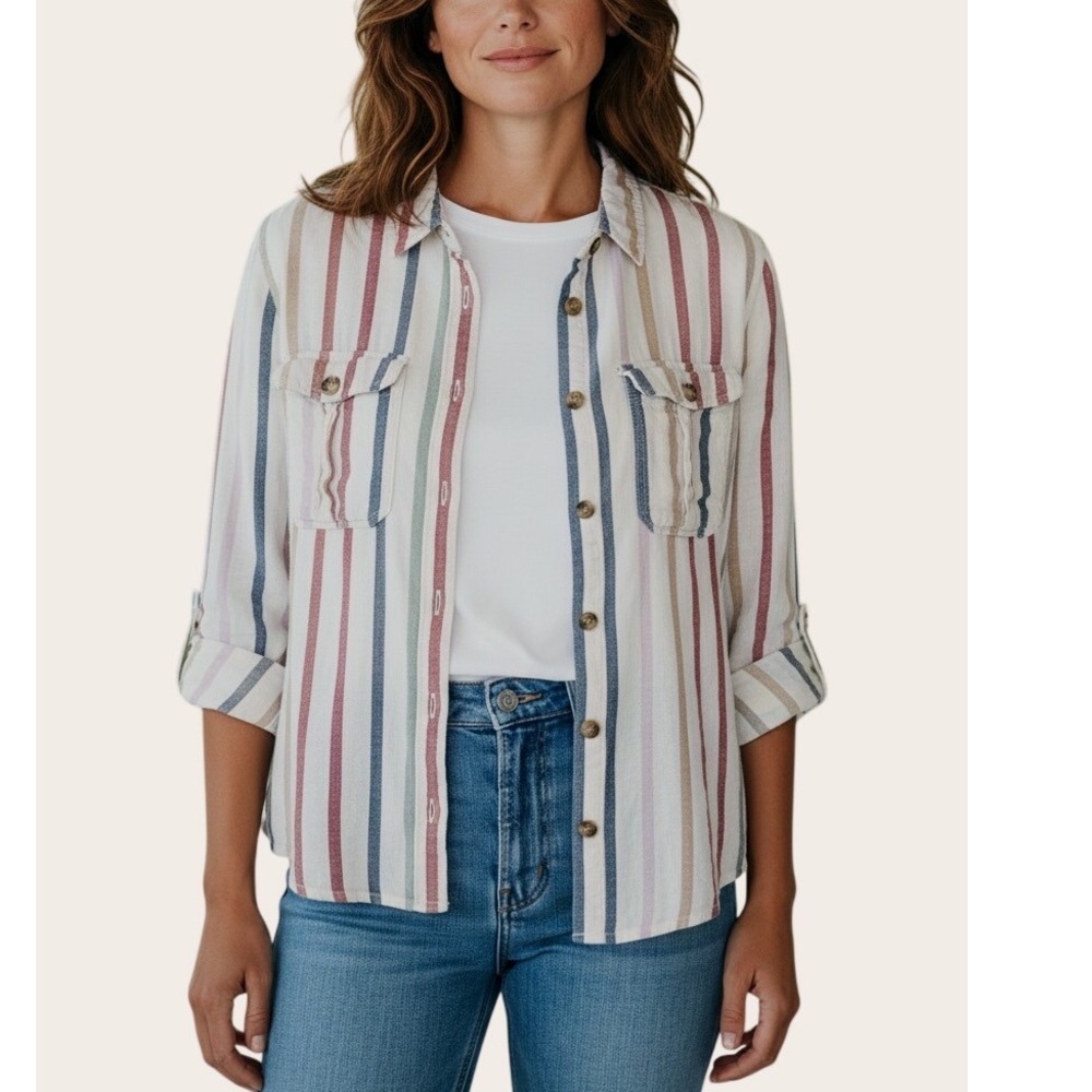 American Eagle Linen Blend Rainbow Striped Button Down Blouse L  Beachy Colorful